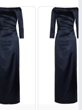 Elegant Off-Shoulder Long Sleeve Navy Satin Evening Dress
